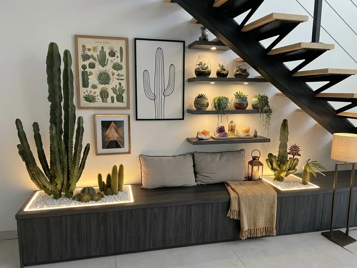 Banquette basse en bois foncé sous un escalier métallique, avec jardinières intégrées éclairées par LED et étagères murales.